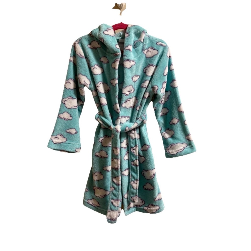 Cloud Print Plush Hooded Robe Girls Size 6 Pockets Tie Closure Bear Ears Blue